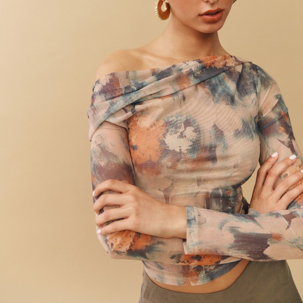 Reformation | Elio Off the Shoulder Mesh Floral Top in Natural
